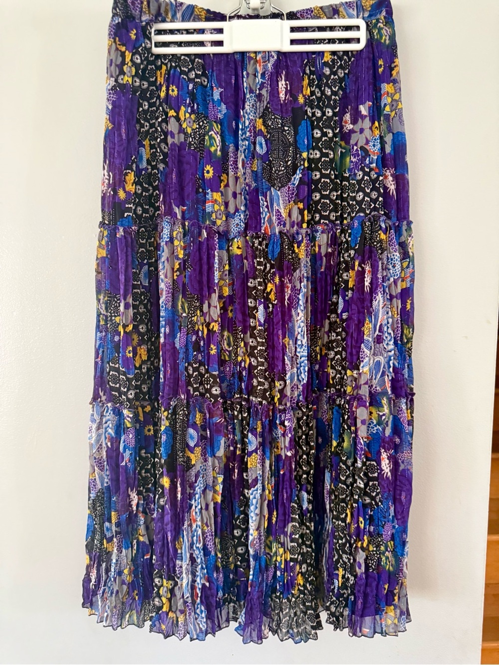 Vtg 90s Y2K Peter Nygard Patchwork Crinkle Maxi Skirt Purple Metallic Boho S